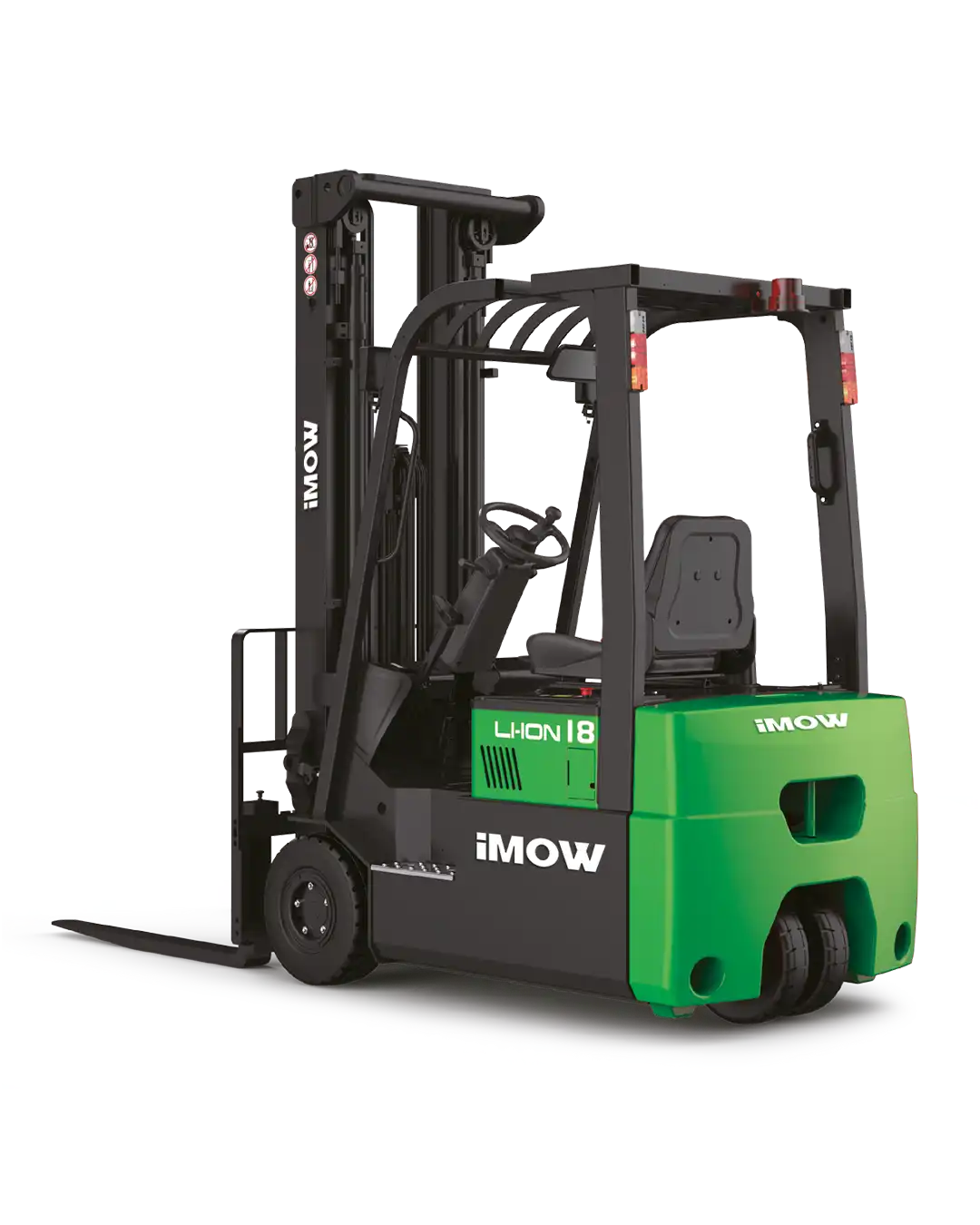 İMOW CPD18TVL 1.8 ton elektrikli forklift, 4.8 m raf seviyesinde istifleme yaparken yandan görünüm.