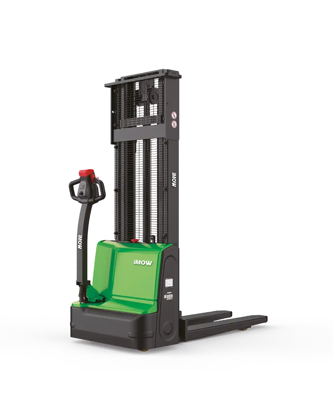 İMOW DS3 elektrikli istifleyici, dar depo koridorunda paletli yükü raflara yerleştirirken görünüm.