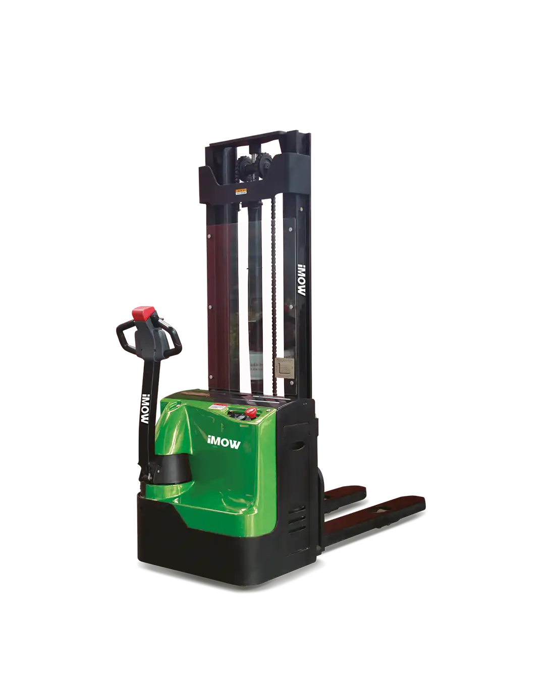 İMOW ES16-16WA 1.6 ton elektrikli istifleyici, dar depo koridorunda paletli yükü raflara yerleştirirken görünüm.