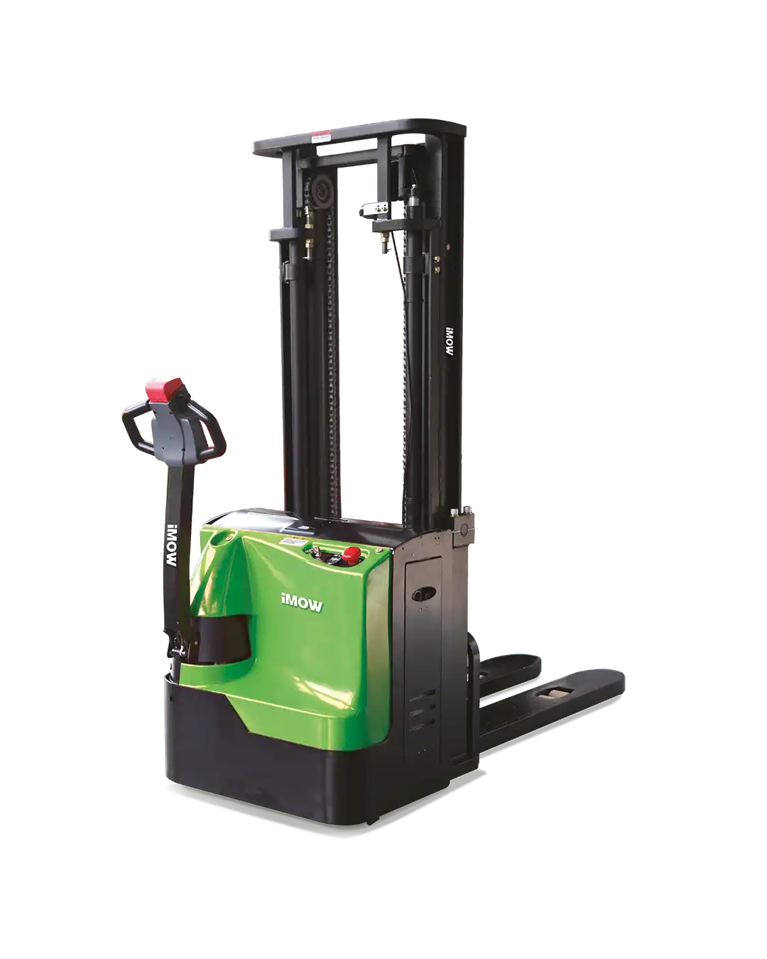 İMOW ES20-WA 2 ton elektrikli istifleyici, depo koridorunda paletli yük kaldırırken görünüm.