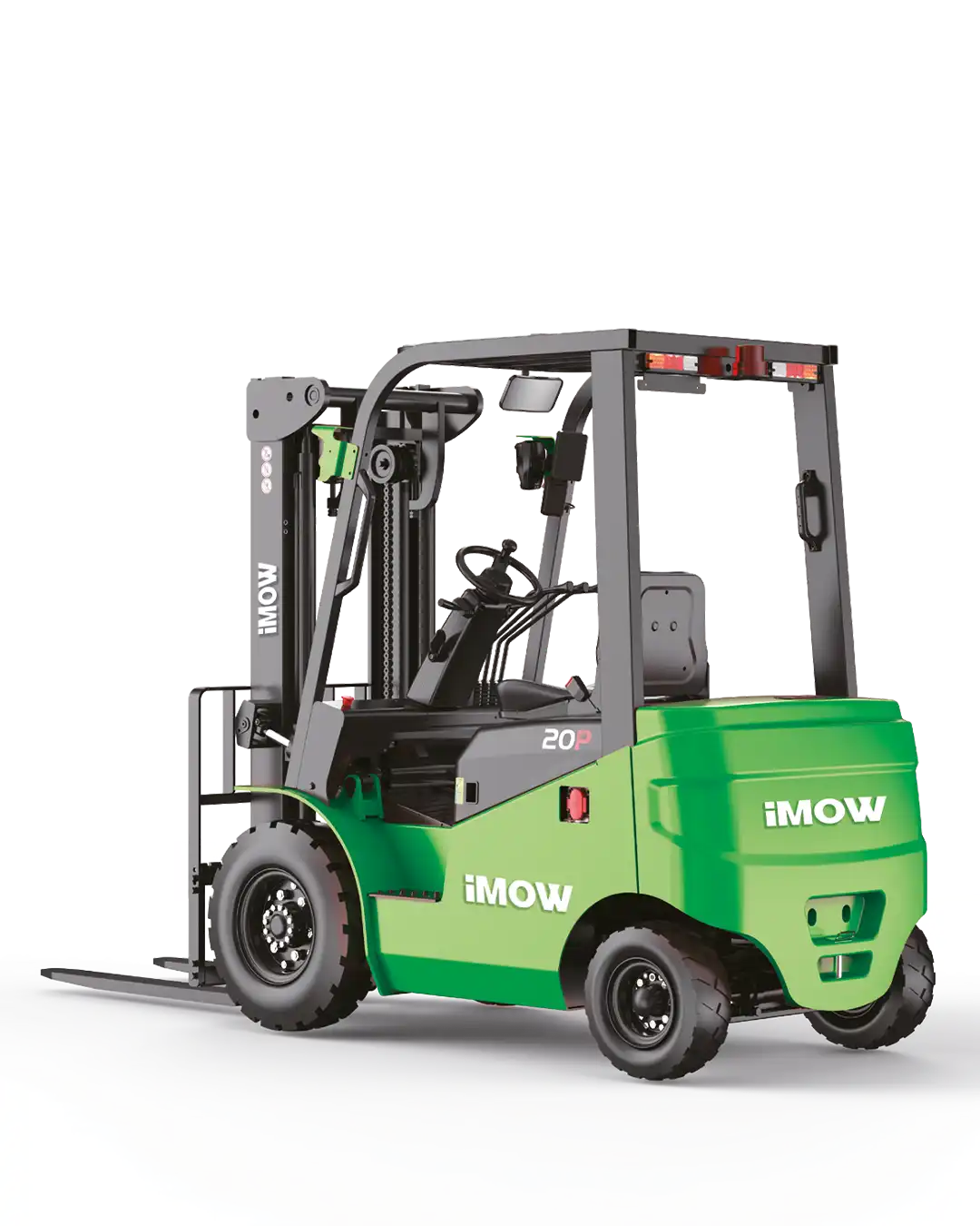 İMOW EFL203P 2 ton premium Li-ion forklift, dar depo koridorunda paletli yük taşırken görünüm.