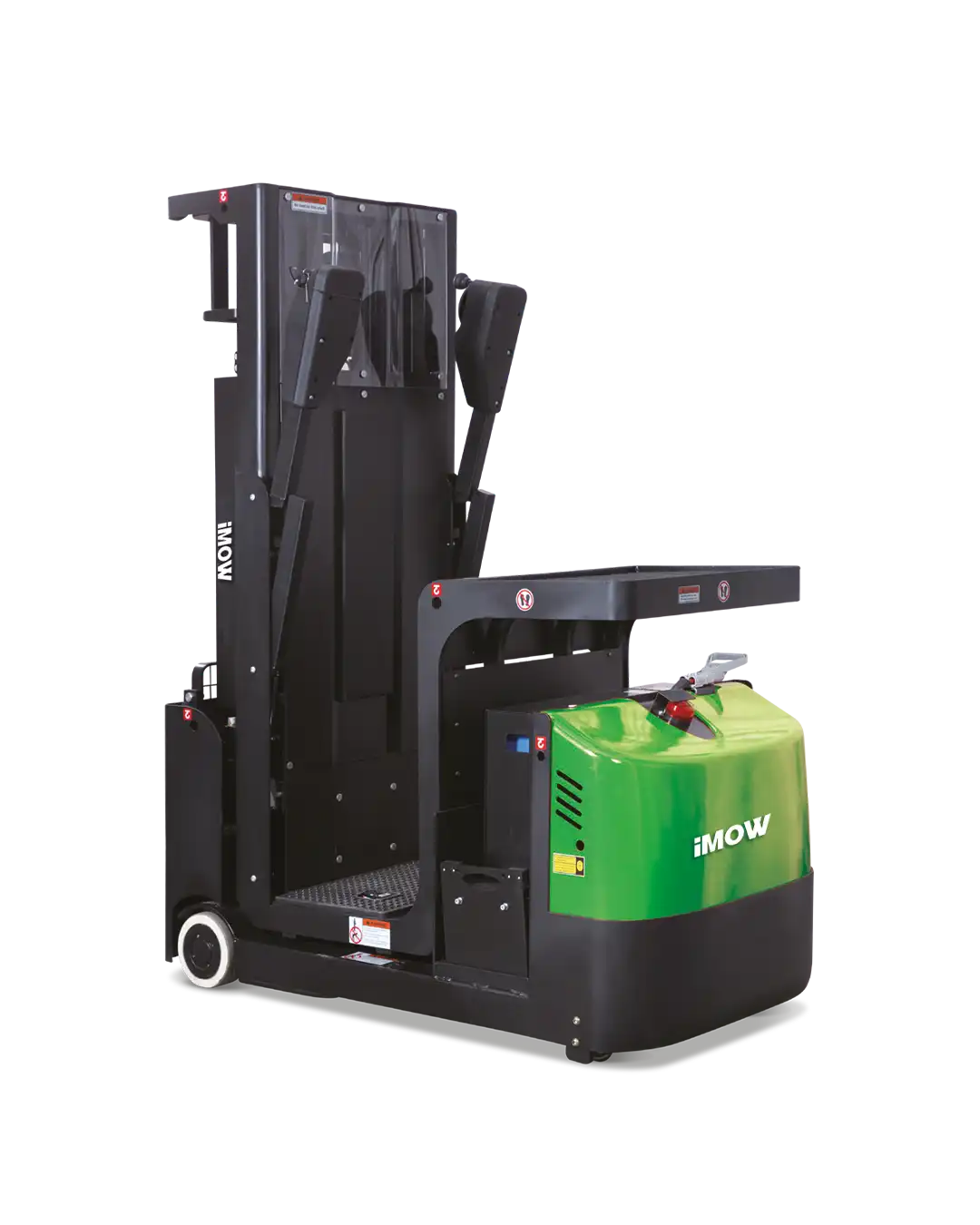 İMOW JX1 (4880) dikey sipariş toplayıcı, depo raflarında 4,88 m seviyesine yükselerek ürün topluyor.