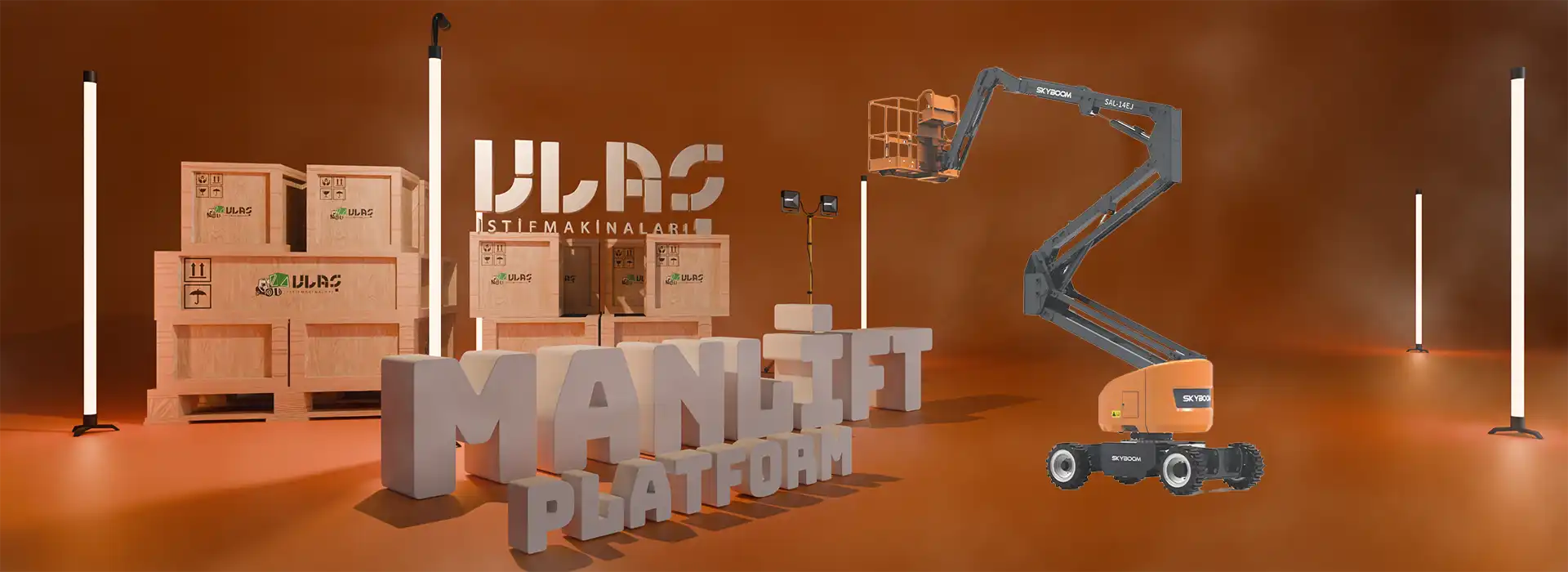 Ulaş İstif Makinaları — SAL-14EJ: Eklemli bomla engel aşma, 355° kule dönüşü ve hassas manevra; iç/dış mekân projelerinde sessiz, emisyonsuz ve güvenli çalışma.