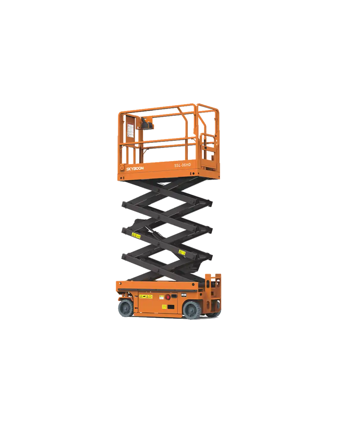 8 metre çalışma yüksekliğine sahip akülü makaslı platform — dar alanlarda yüksek erişim, geniş platform alanı ve güçlü akü sistemiyle iç mekân çalışmaları için tasarlanmış kompakt iş platformu görseli.