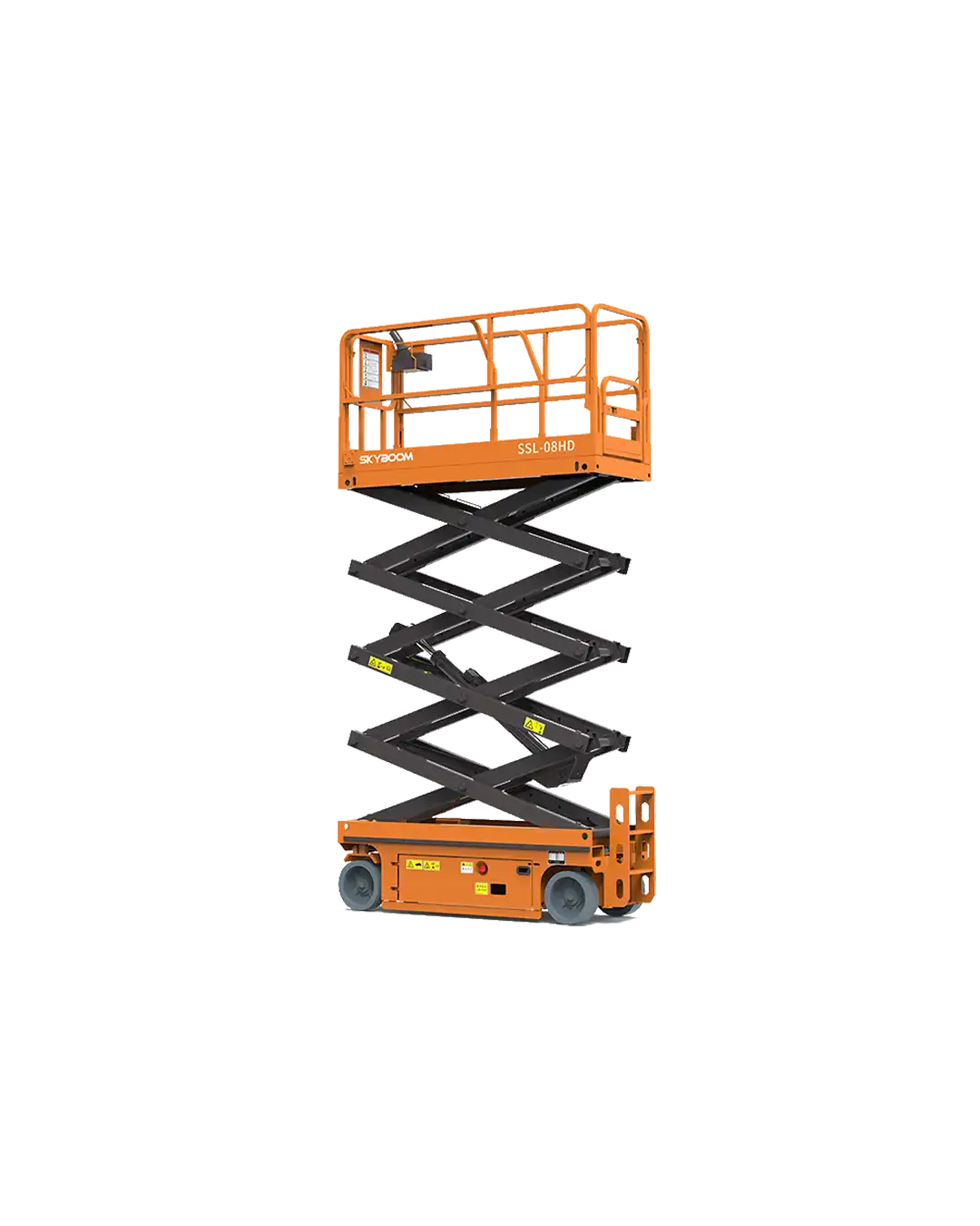 SSL-08HD akülü makaslı platform: 10 m çalışma yüksekliği, 1 m uzatılabilir platform ve 320 kg kapasitesiyle yüksek erişim gerektiren depo ve bakım işleri için güvenli çözüm.