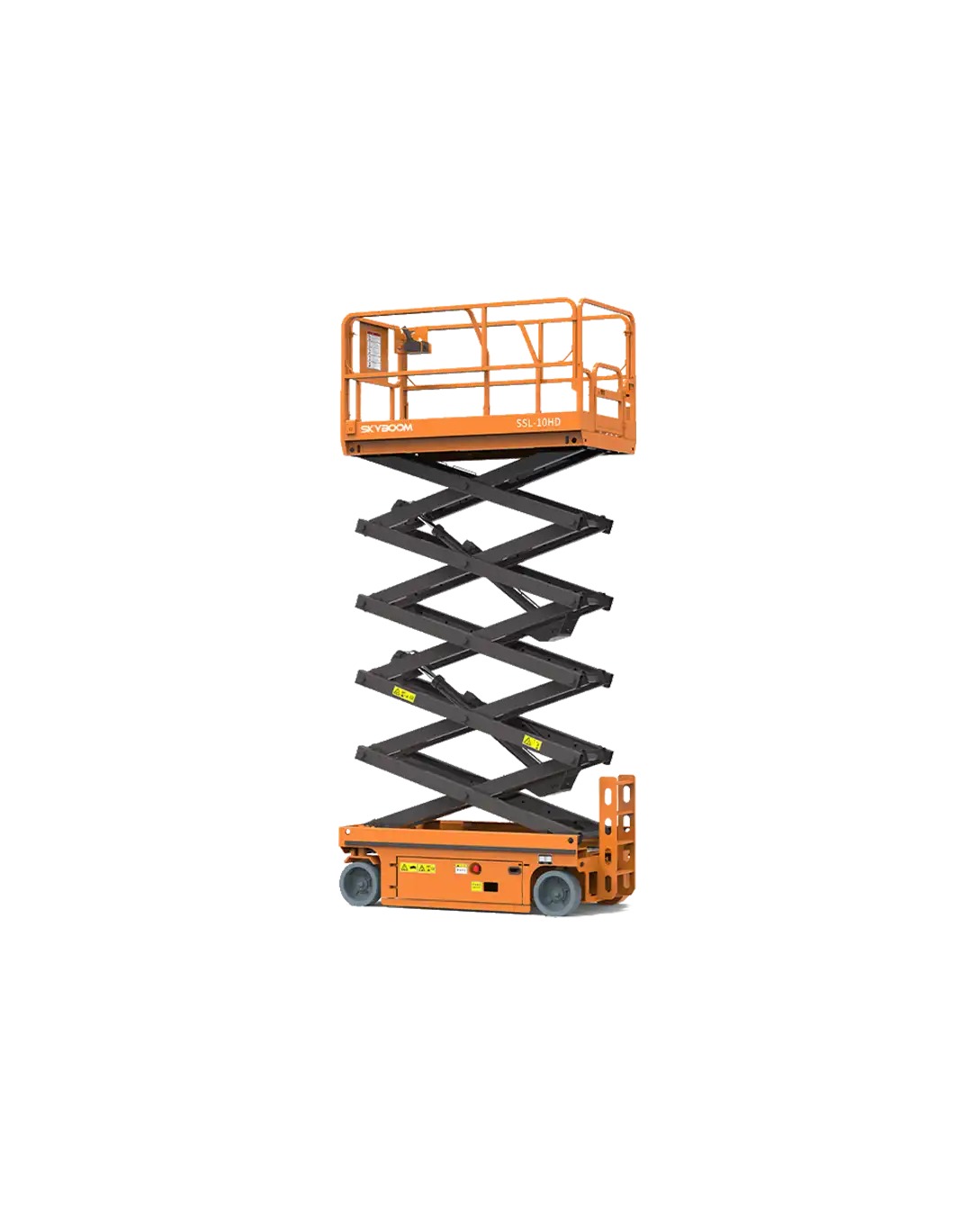 SSL-10HD akülü makaslı platform: 12 metreye kadar erişim sağlayan, 1,2 m uzatılabilir platformlu, 450 kg kapasiteli, ağır hizmet tipi elektrikli çalışma platformu.